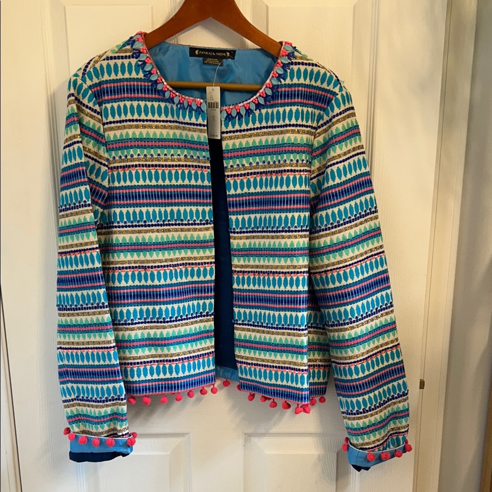 Anthropologie Patterned Blazer with Pom-Pom Trim